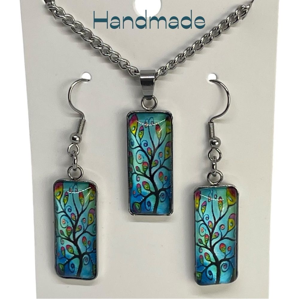 Handcrafted Teal Red Tree Rectangle Pendant Necklace & Earrings Set NWT OS